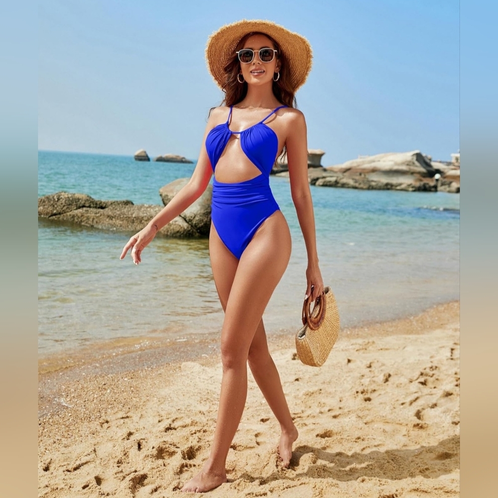 Blue Asymmetrical One Piece with High-Cut Leg